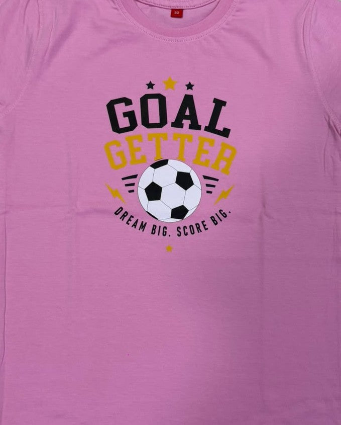 "Goal Getter" Soccer Graphic T-Shirt – Pink Crew Neck Cotton Tee