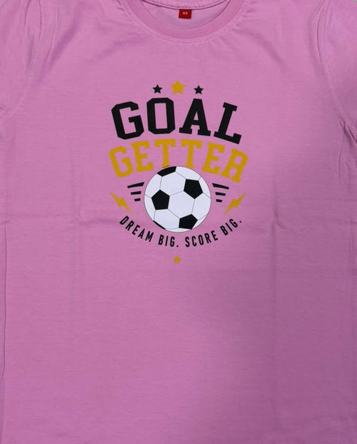 "Goal Getter" Soccer Graphic T-Shirt – Pink Crew Neck Cotton Tee