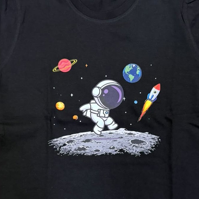 Boys' Black Astronaut Graphic T-Shirt - Space Theme Crew Neck