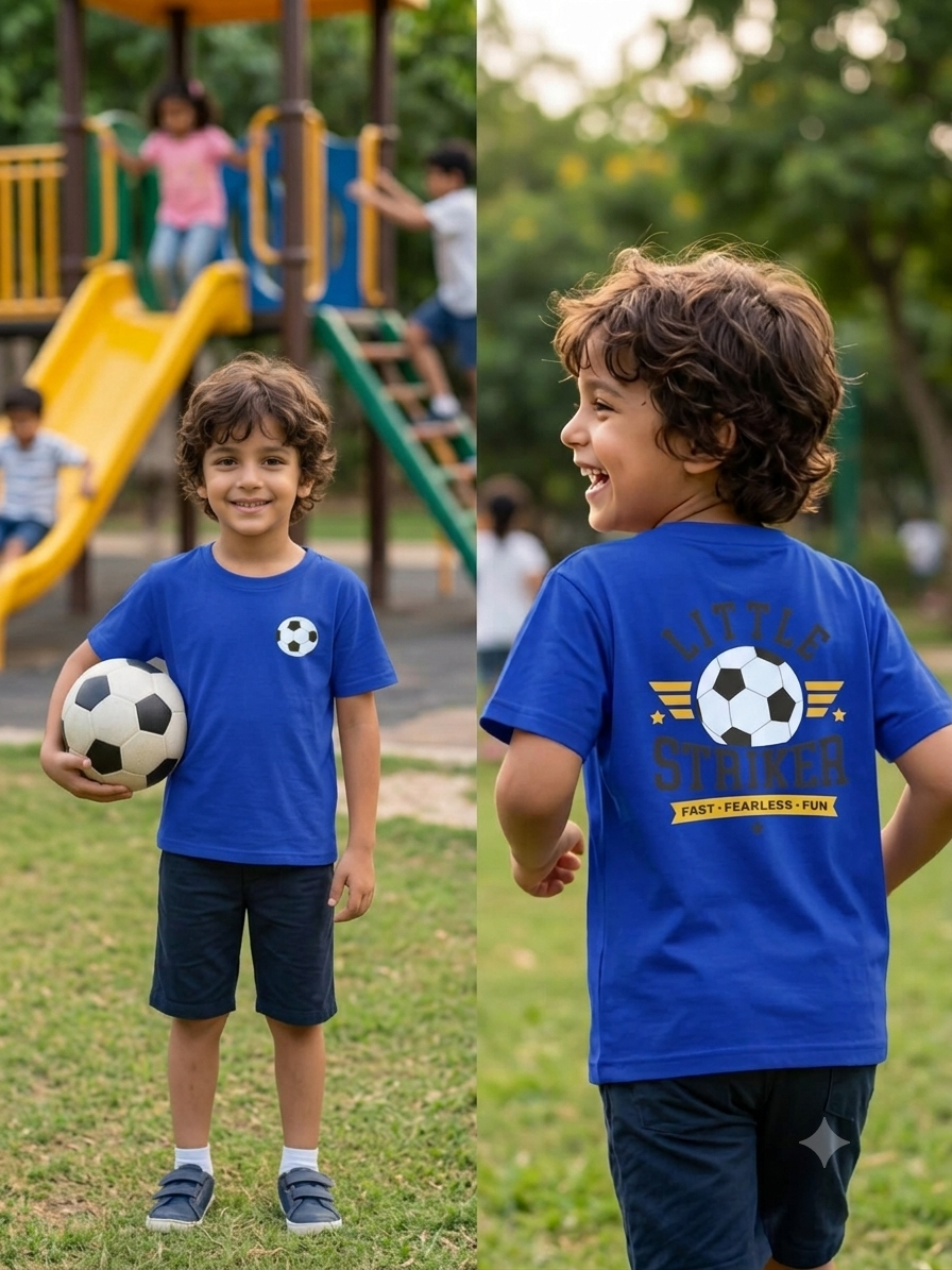 Kids "Little Striker" Soccer Graphic T-Shirt | Royal Blue Short Sleeve Crewneck Tee (Fast, Fearless, Fun)