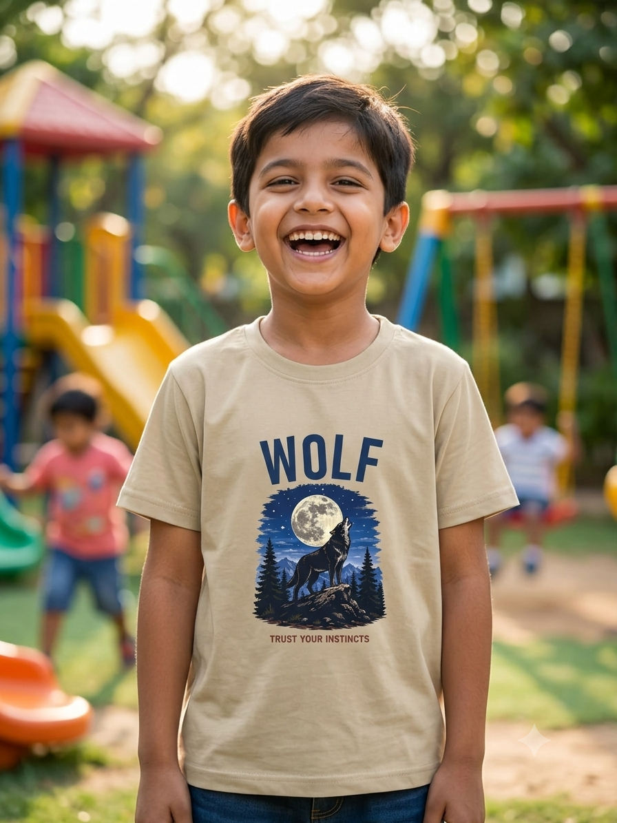 Beige Cotton Wolf & Full Moon Graphic Tee