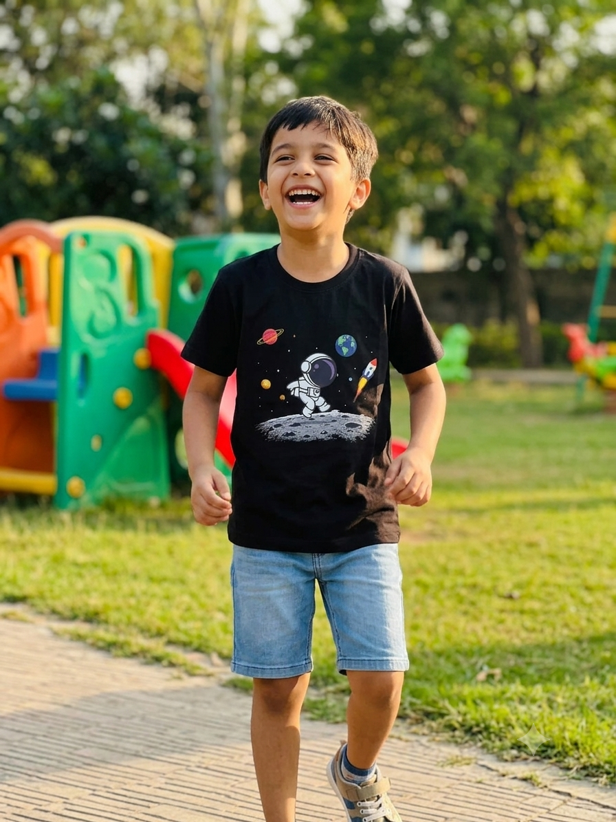 Boys' Black Astronaut Graphic T-Shirt - Space Theme Crew Neck