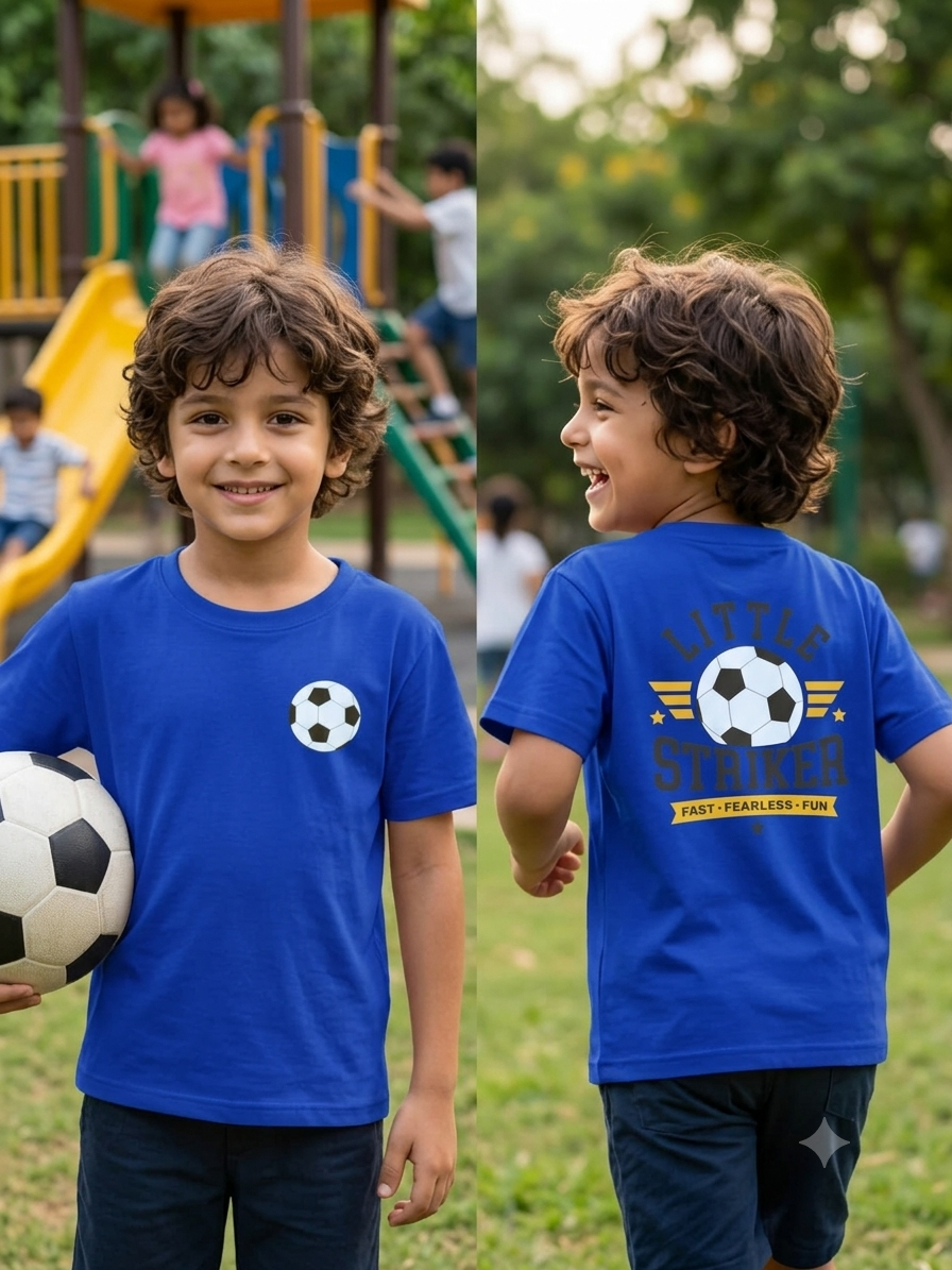 Kids "Little Striker" Soccer Graphic T-Shirt | Royal Blue Short Sleeve Crewneck Tee (Fast, Fearless, Fun)