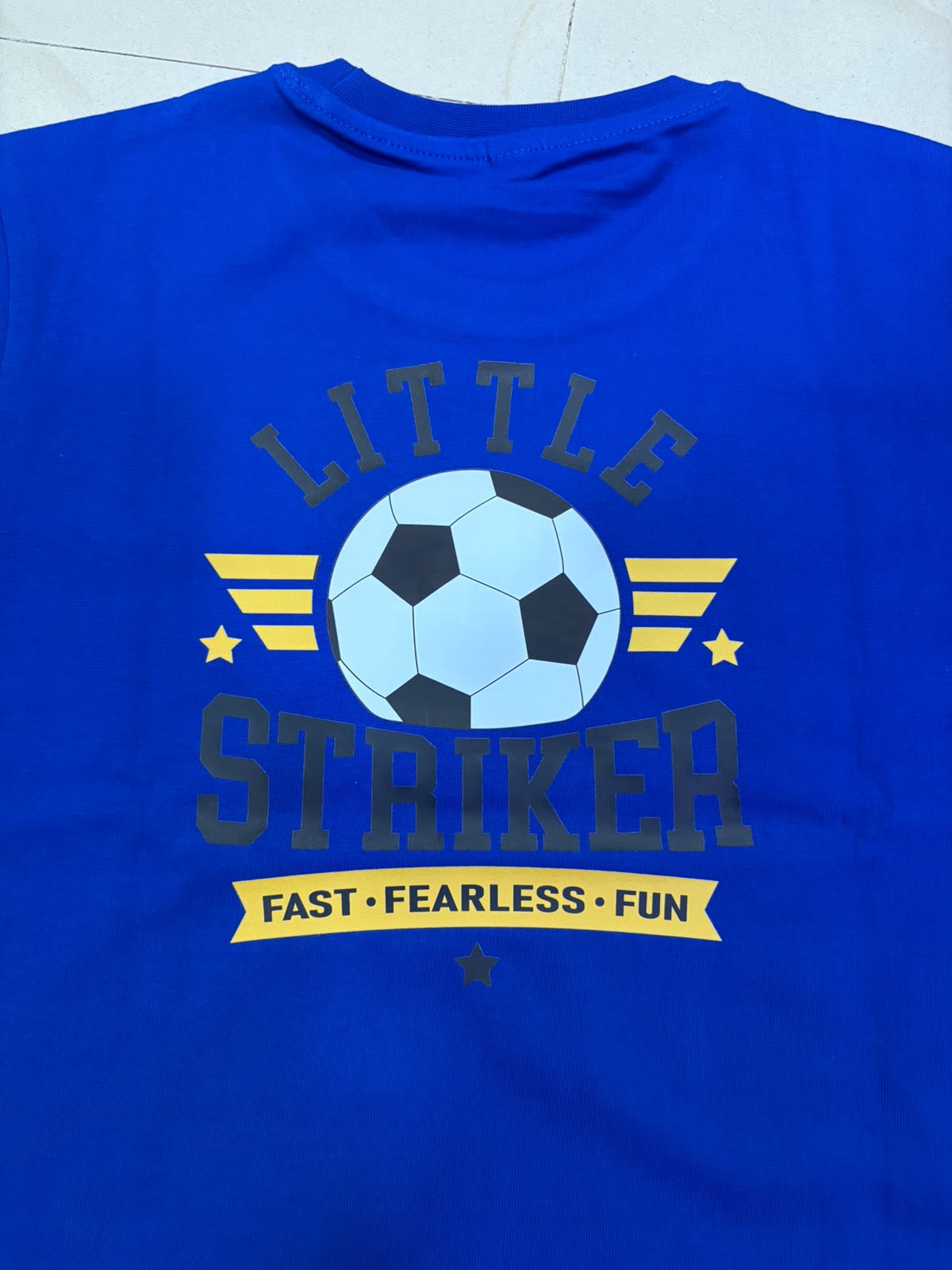Kids "Little Striker" Soccer Graphic T-Shirt | Royal Blue Short Sleeve Crewneck Tee (Fast, Fearless, Fun)