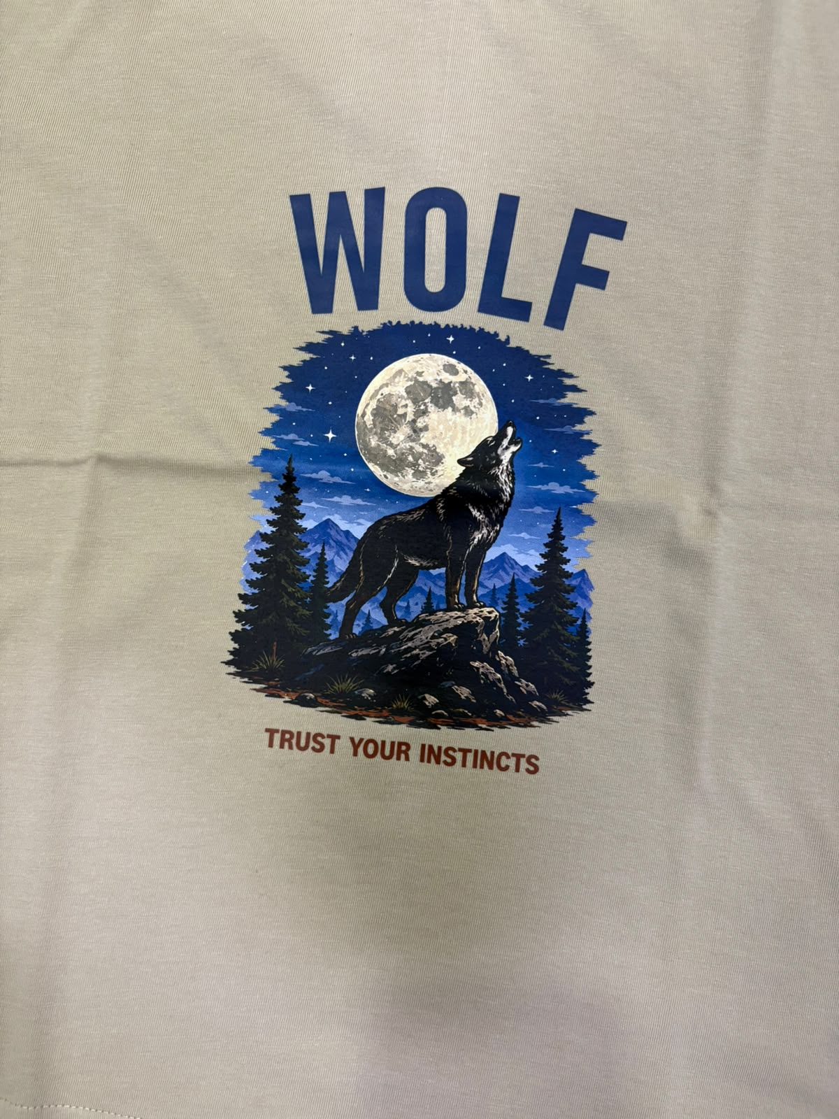 Beige Cotton Wolf & Full Moon Graphic Tee