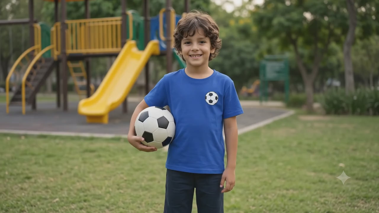 Kids "Little Striker" Soccer Graphic T-Shirt | Royal Blue Short Sleeve Crewneck Tee (Fast, Fearless, Fun)